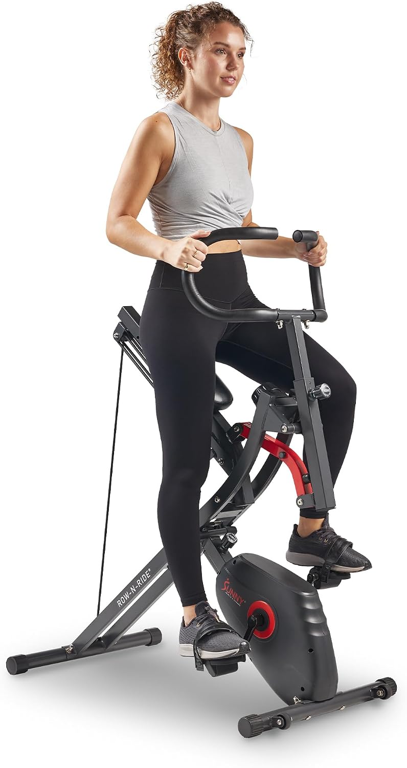 Sunny Health & Fitness Row-N-Ride PRO Squat Machine w/Resistance Bands, Full Body Ab & Cardio Workout + SunnyFit App