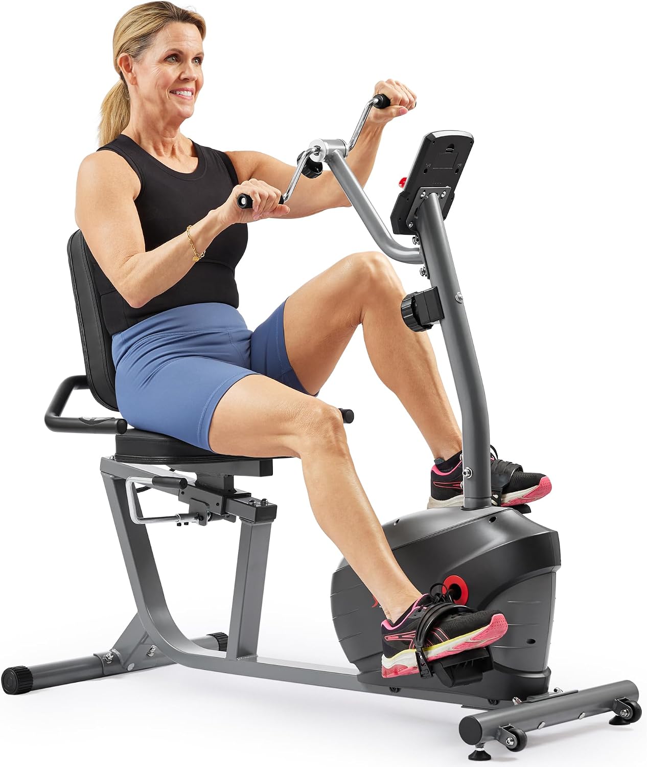 Sunny Health & Fitness Smart Indoor Recumbent Bike Trainer, Cardio Machine for Seniors w/Hand Cycle, Bands & SunnyFit App