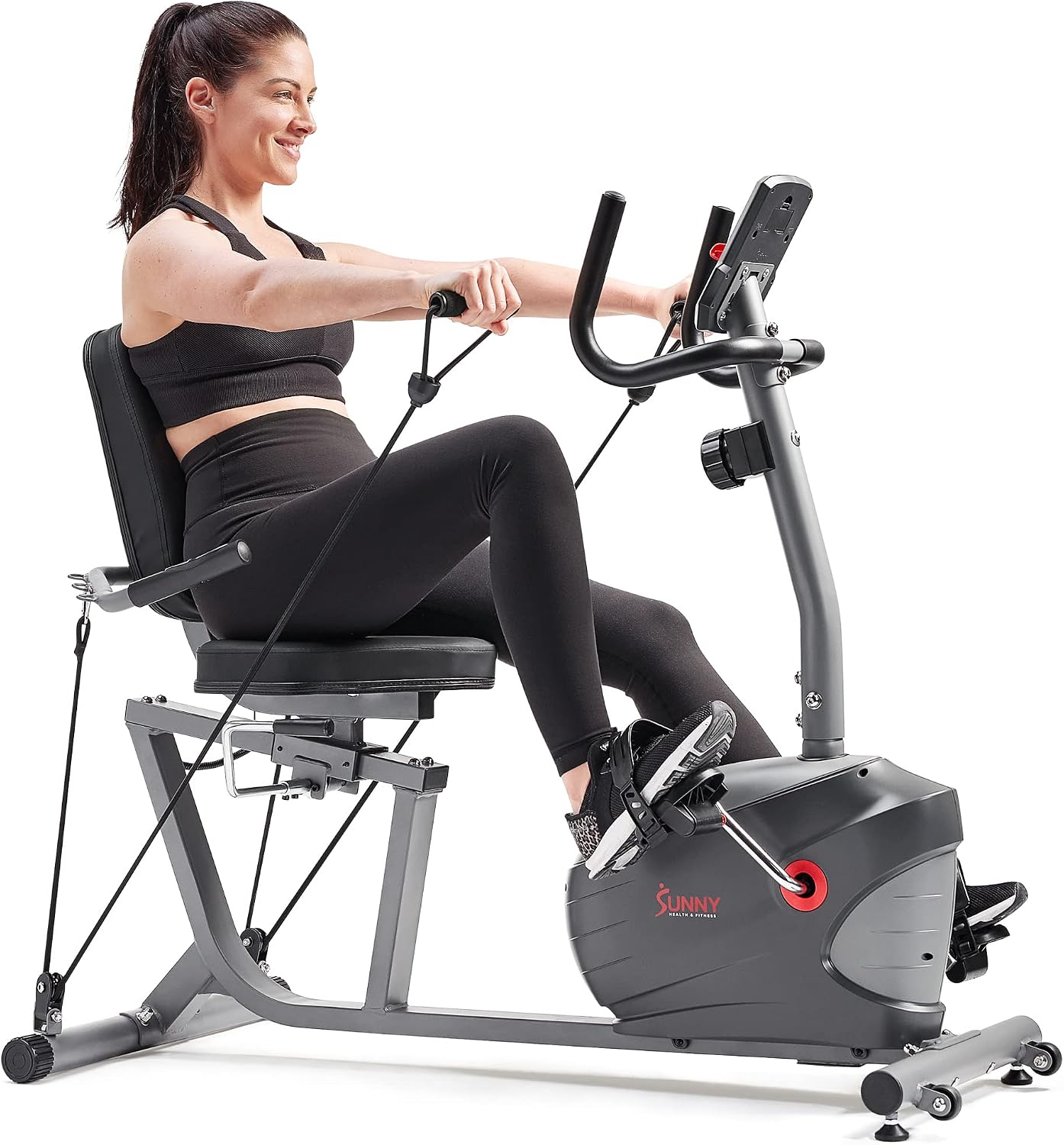 Sunny Health & Fitness Smart Indoor Recumbent Bike Trainer, Full Body Workout for Seniors, Hand Cycle & Bands, App Ready