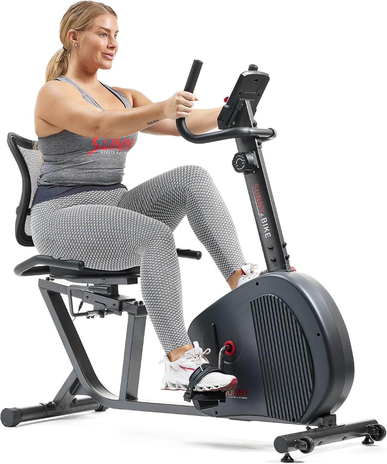 Sunny Health & Fitness Smart Recumbent Bike w/Adjustable Cushion Seat & Mesh Backrest, Quiet Magnetic Resistance, Belt-Drive, SunnyFit App