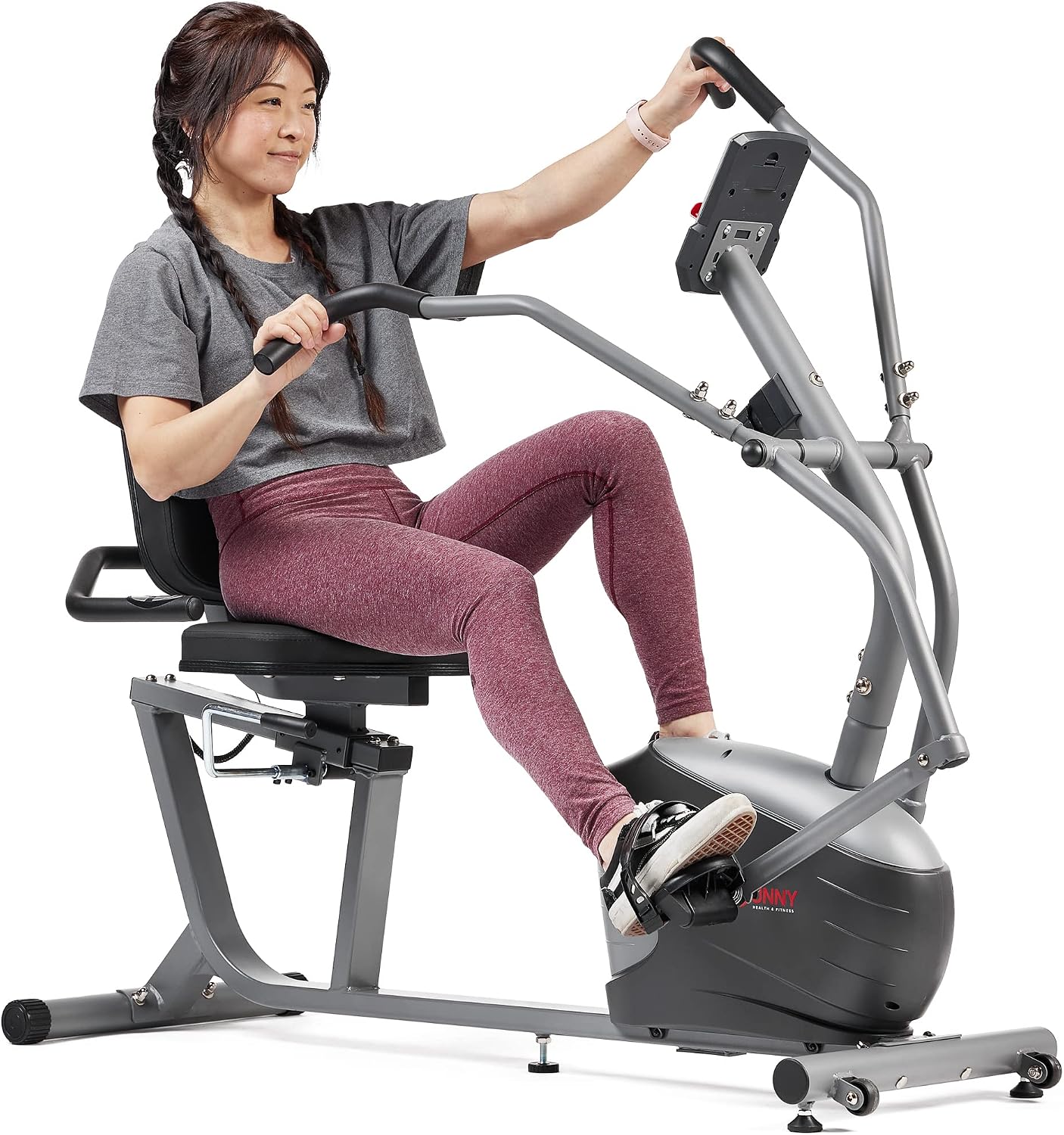 Sunny Health & Fitness Smart Recumbent Cross Trainer Bike, Full-Body Workout w/Arm & Leg Exercisers, Pulse Sensors, App