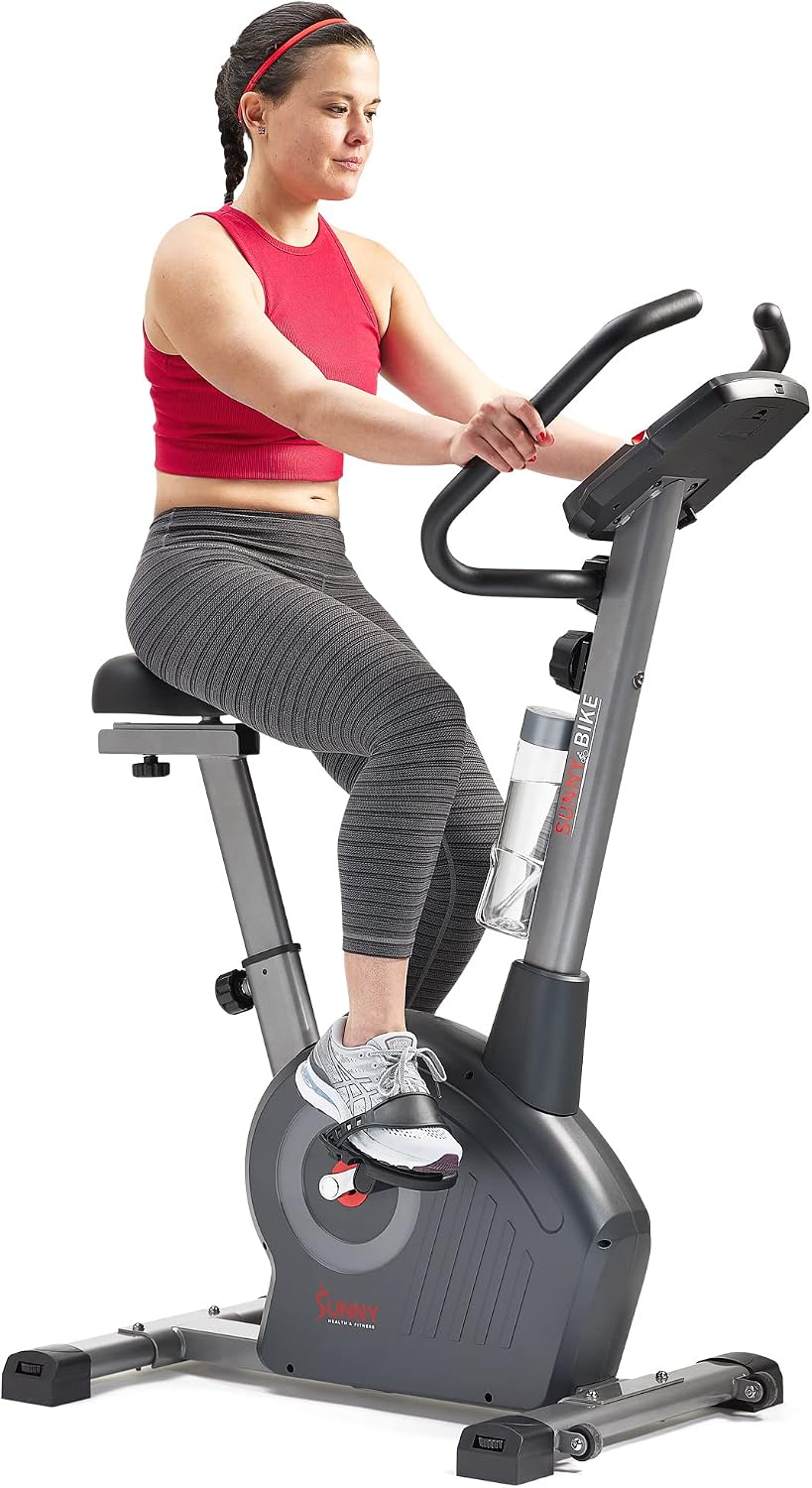 Sunny Health & Fitness Smart Upright Exercise Bike w/Pulse Sensor & 4-Way Adjustable Seat, Home Cardio Machine, SunnyFit App & Bands – Elite