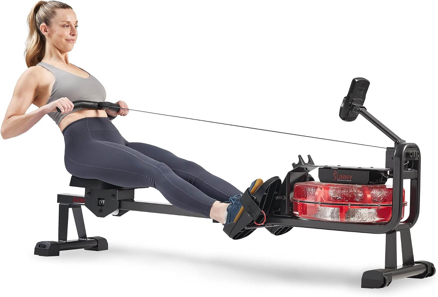Sunny Health & Fitness Water Rower – Dynamic Resistance, 300 LB Max, App-Connected for Advanced Metrics, Smooth & Quiet Ride, Smart
