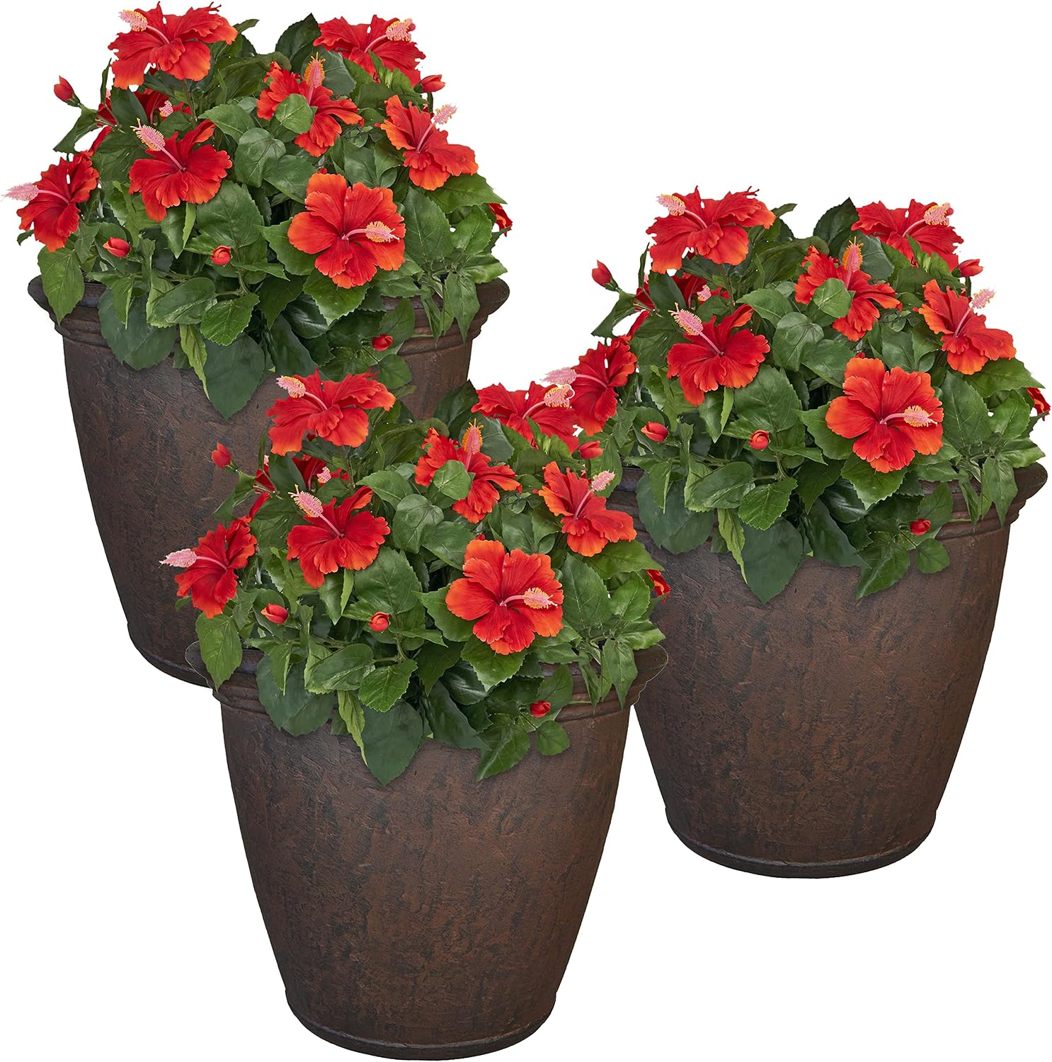 Sunnydaze 24-Inch Anjelica Large Plastic Pot for Plants – Outdoor Polyresin Round Planter with Drillable Drainage Holes – Rust – 3pk