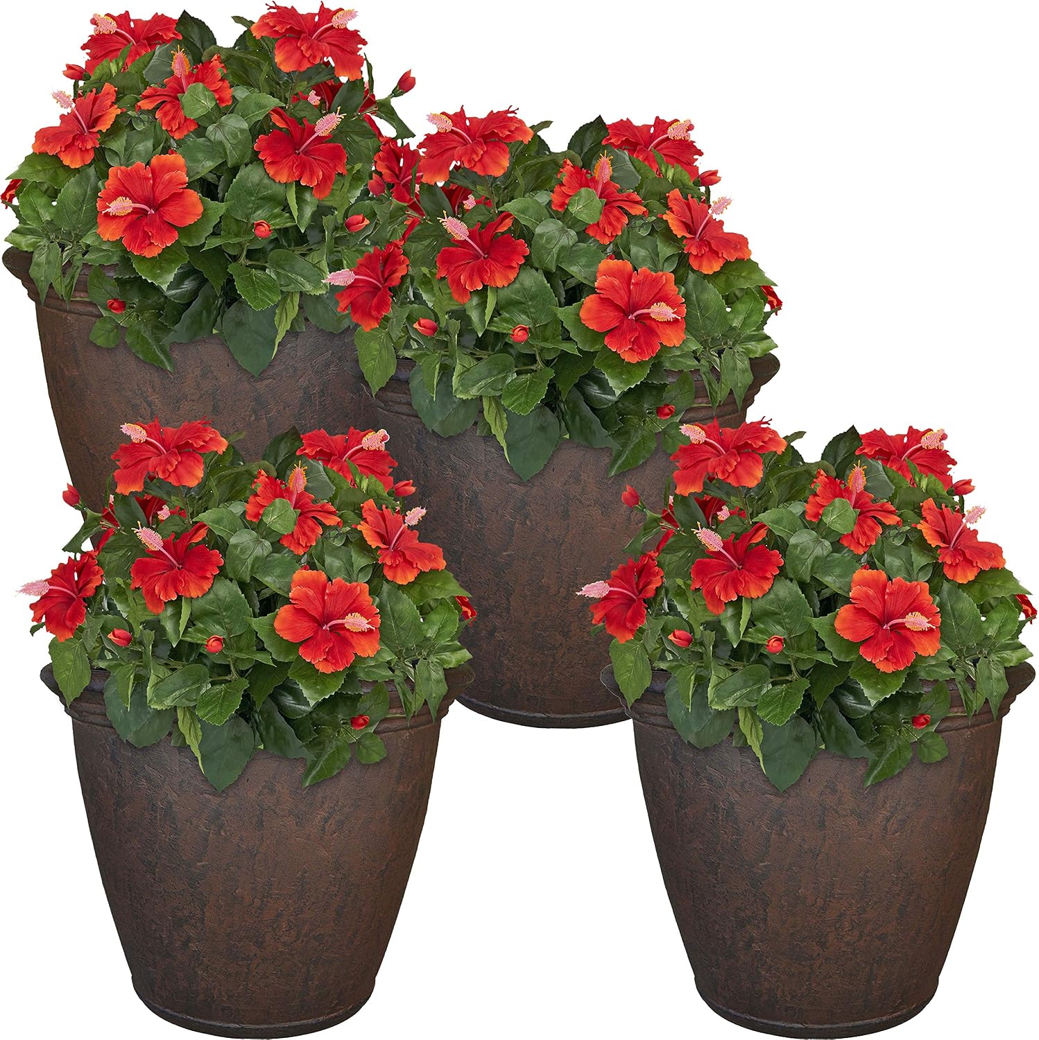 Sunnydaze 24-Inch Anjelica Large Plastic Pot for Plants – Outdoor Polyresin Round Planter with Drillable Drainage Holes – Rust – 4pk