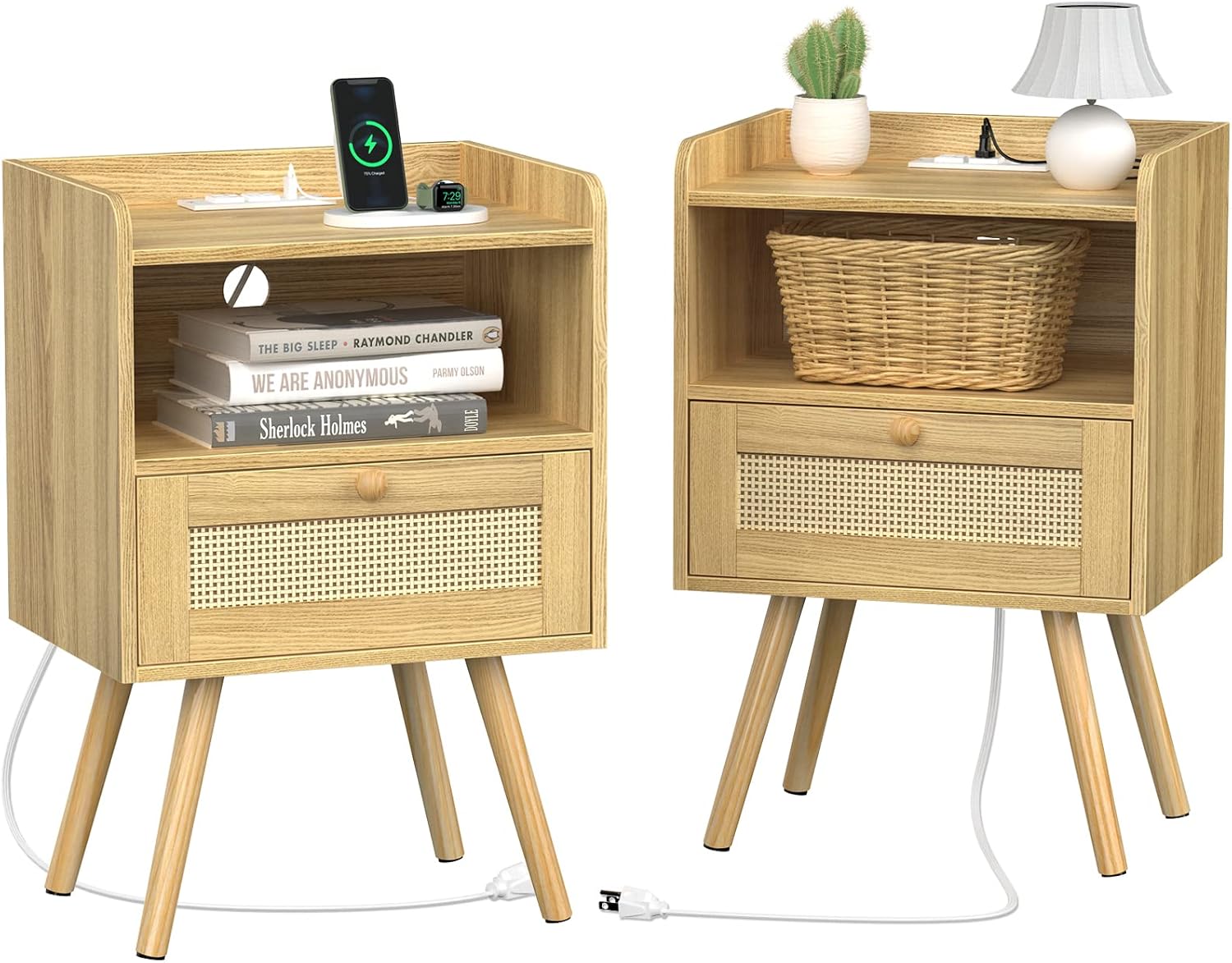 SUPERJARE Nightstands Set of 2, Night Stands with Charging Station & PE Rattan Decor Drawer – Natural