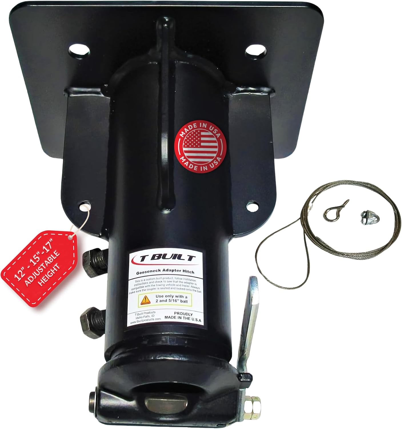 T-Built Adjustable 5th Wheel to Gooseneck Adapter, 12″-15″-17″ Height, Remote Release, Made in USA, 20,000 lbs Rating