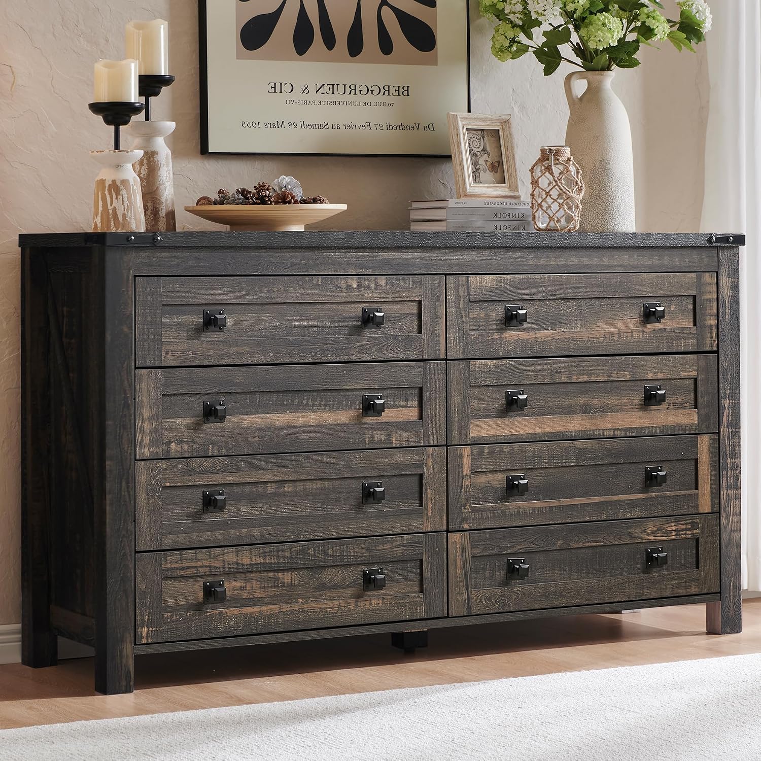 T4TREAM Farmhouse 8 Drawers Dresser for Bedroom, Rustic Wood Wide Double Dresser TV Stand for Living Room, Hallway – Dark Rustic Oak