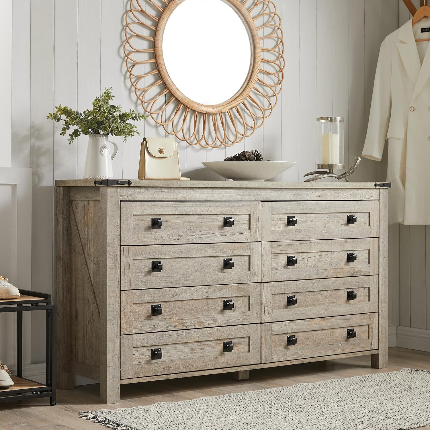 T4TREAM Farmhouse 8 Drawers Dresser for Bedroom, Rustic Wood Wide Double Dresser TV Stand for Living Room, Hallway – Light Rustic Oak