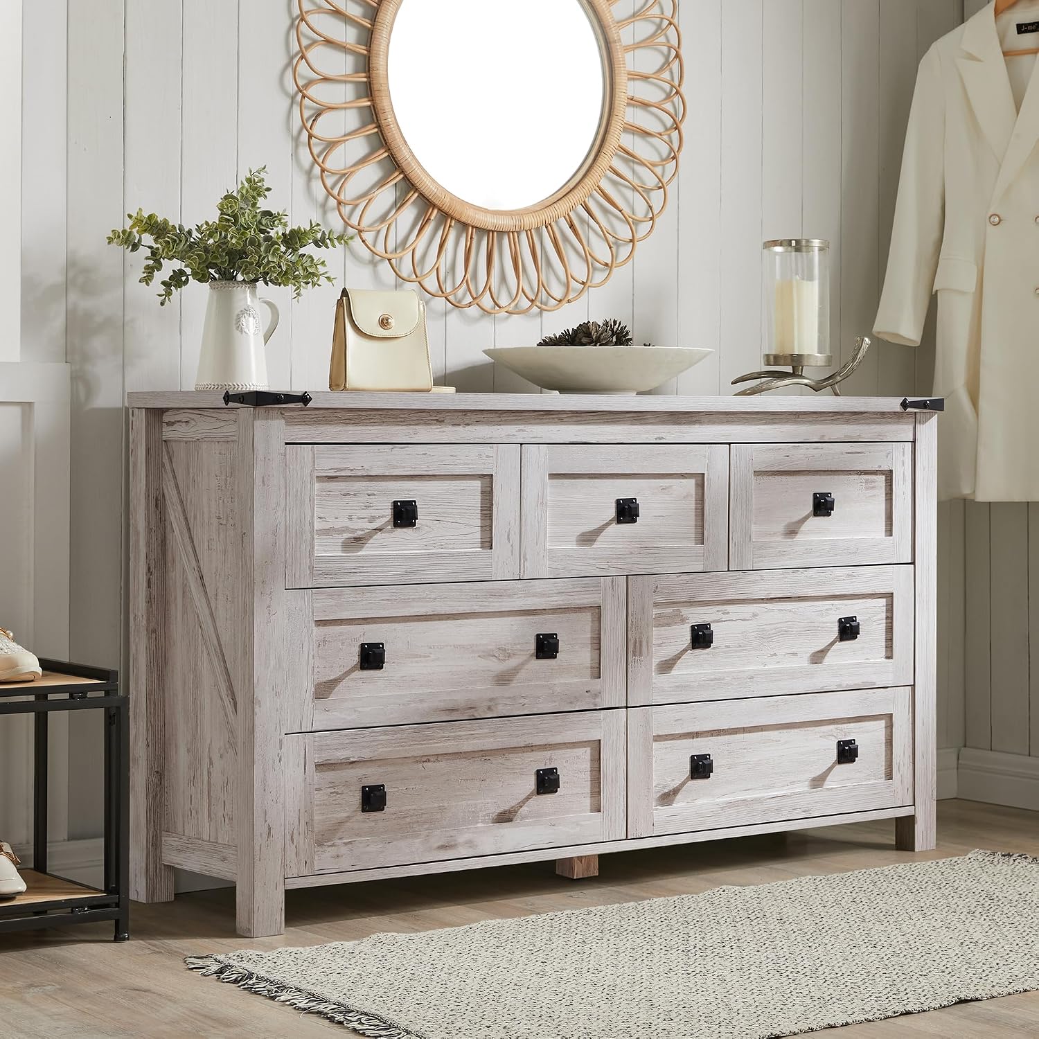 T4TREAM Farmhouse Dresser with 7 Drawers – Rustic Wood Storage Chest for Bedroom, Living Room, Hallway or TV Stand – Antique Brush White