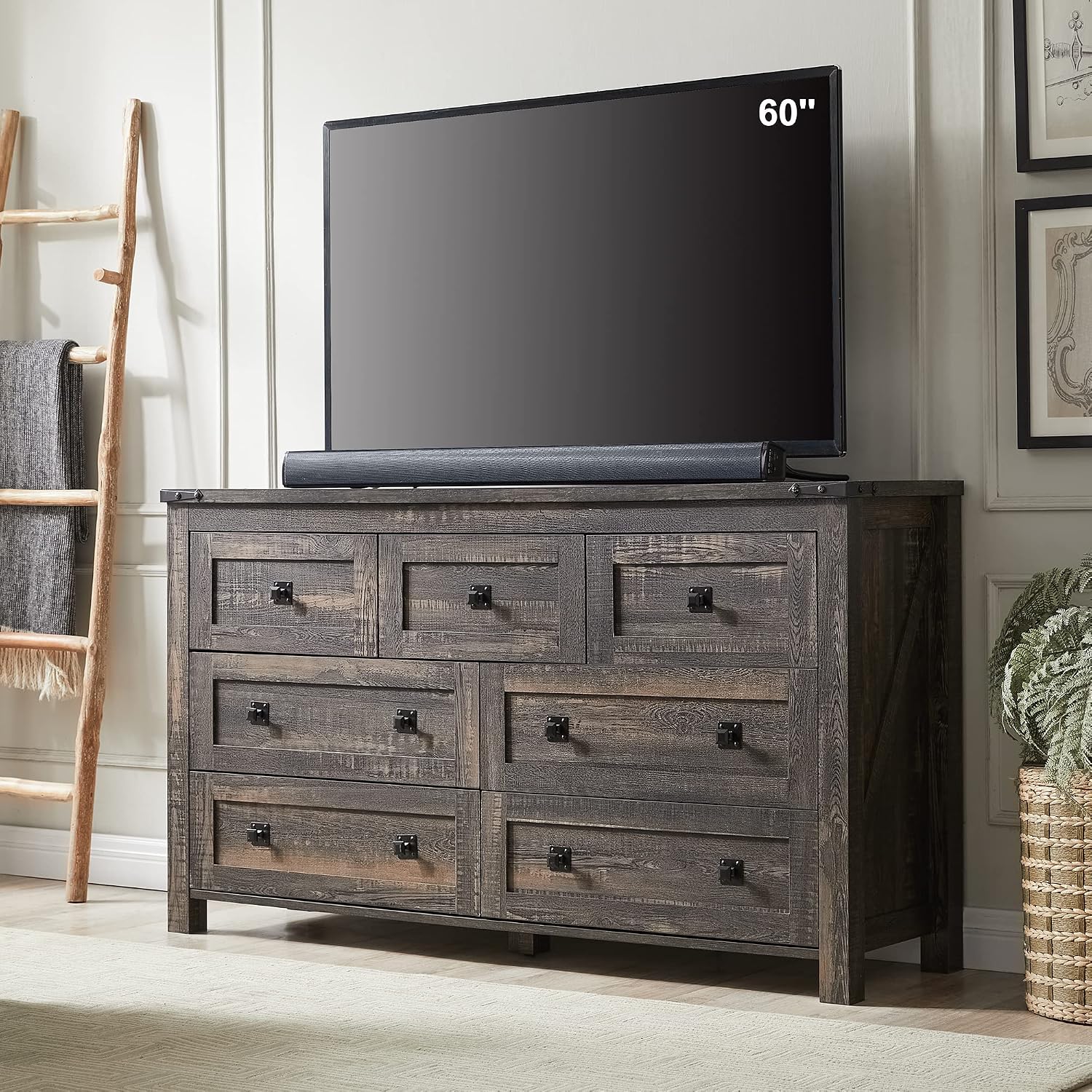 T4TREAM Farmhouse Dresser with 7 Drawers – Rustic Wood Storage Chest for Bedroom, Living Room, Hallway or TV Stand – Dark Rustic Oak