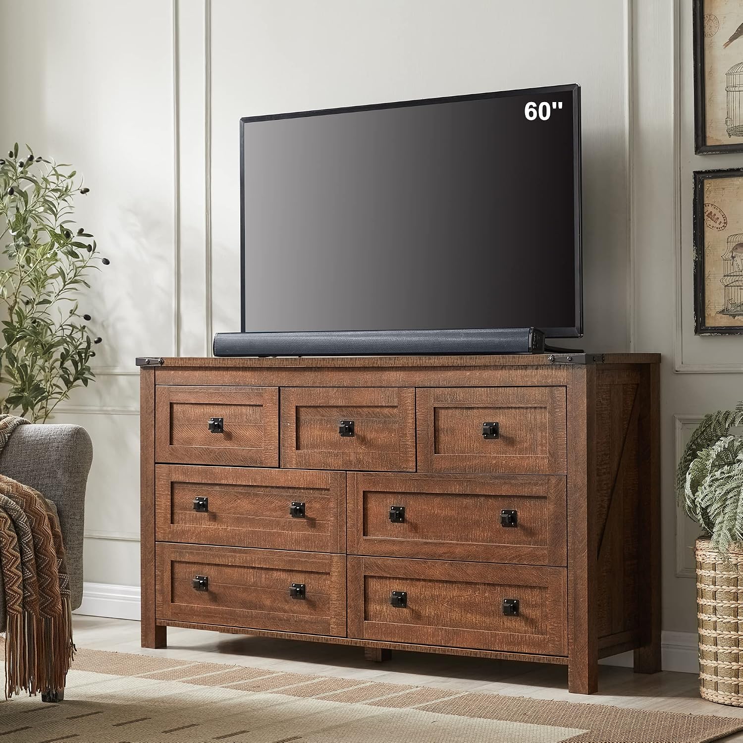 T4TREAM Farmhouse Dresser with 7 Drawers – Rustic Wood Storage Chest for Bedroom, Living Room, Hallway or TV Stand – Reclaimed Barnwood