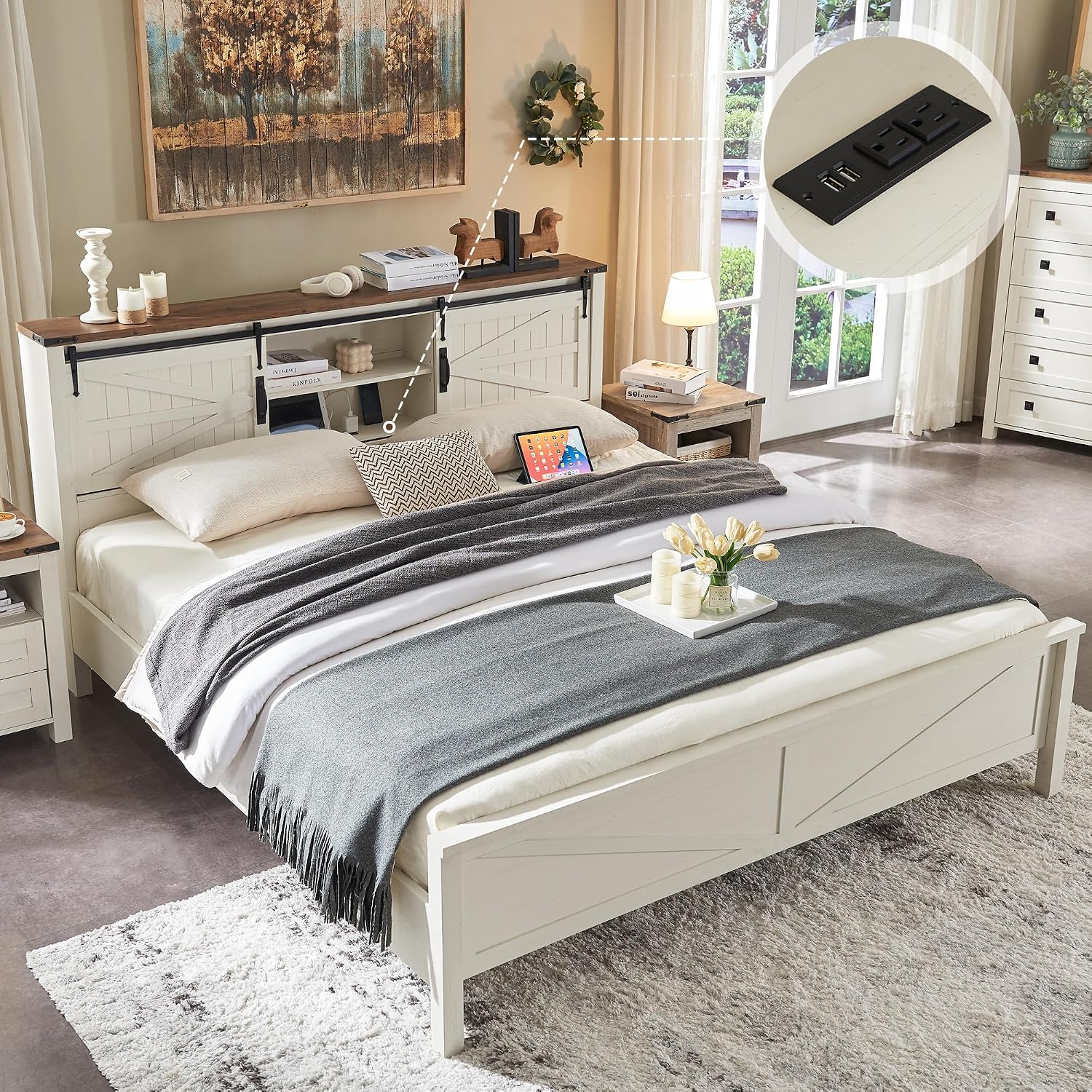 T4TREAM Farmhouse King Bed Frame – Rustic Wood Platform Bed w Bookcase Headboard, Sliding Barn Door & Charging Station, Antique White