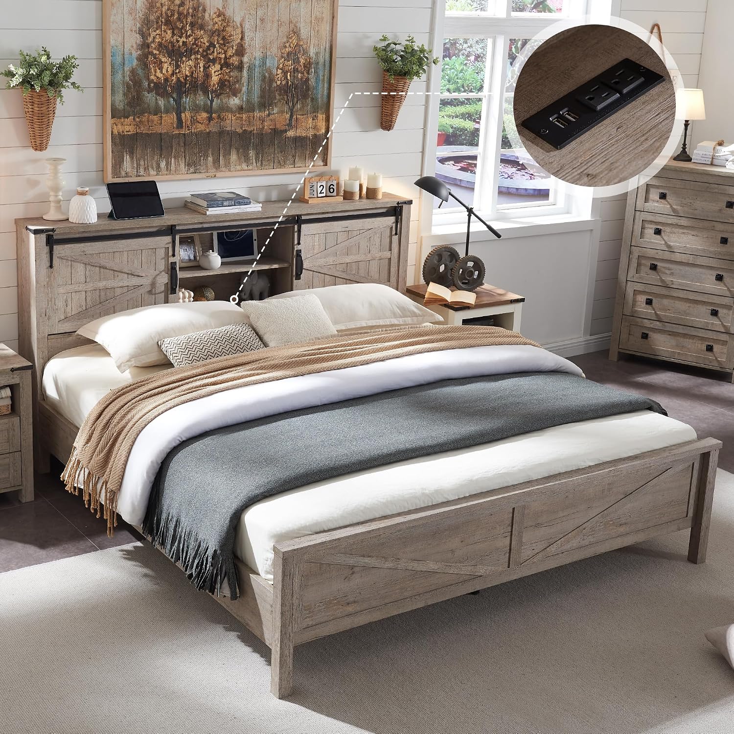 T4TREAM Farmhouse King Bed Frame – Rustic Wood Platform Bed w Bookcase Headboard, Sliding Barn Door & Charging Station, Light Rustic Oak