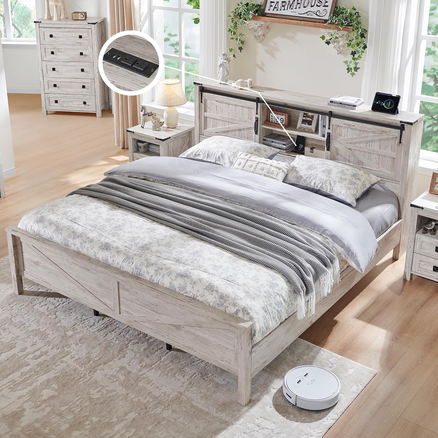 T4TREAM Farmhouse Queen Bed Frame – Rustic Wood Platform Bed w Bookcase Headboard, Sliding Barn Door & Charging Station, Antique Brush White