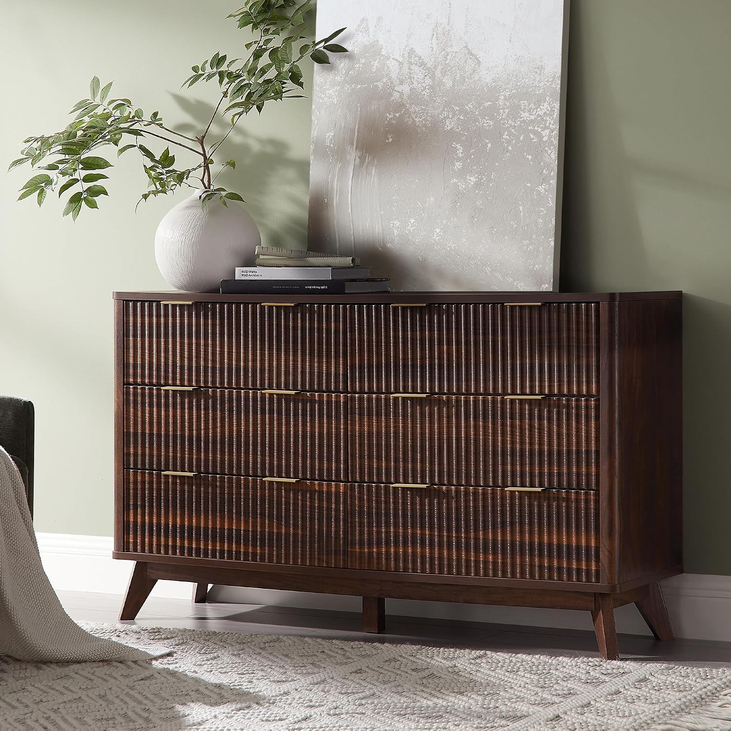 T4TREAM Fluted 6-Drawer Dresser, 54″ Modern Chest, Curved Design, TV Stand & Wood Organizer for Bedroom, Living Room, Hallway, Dark Walnut