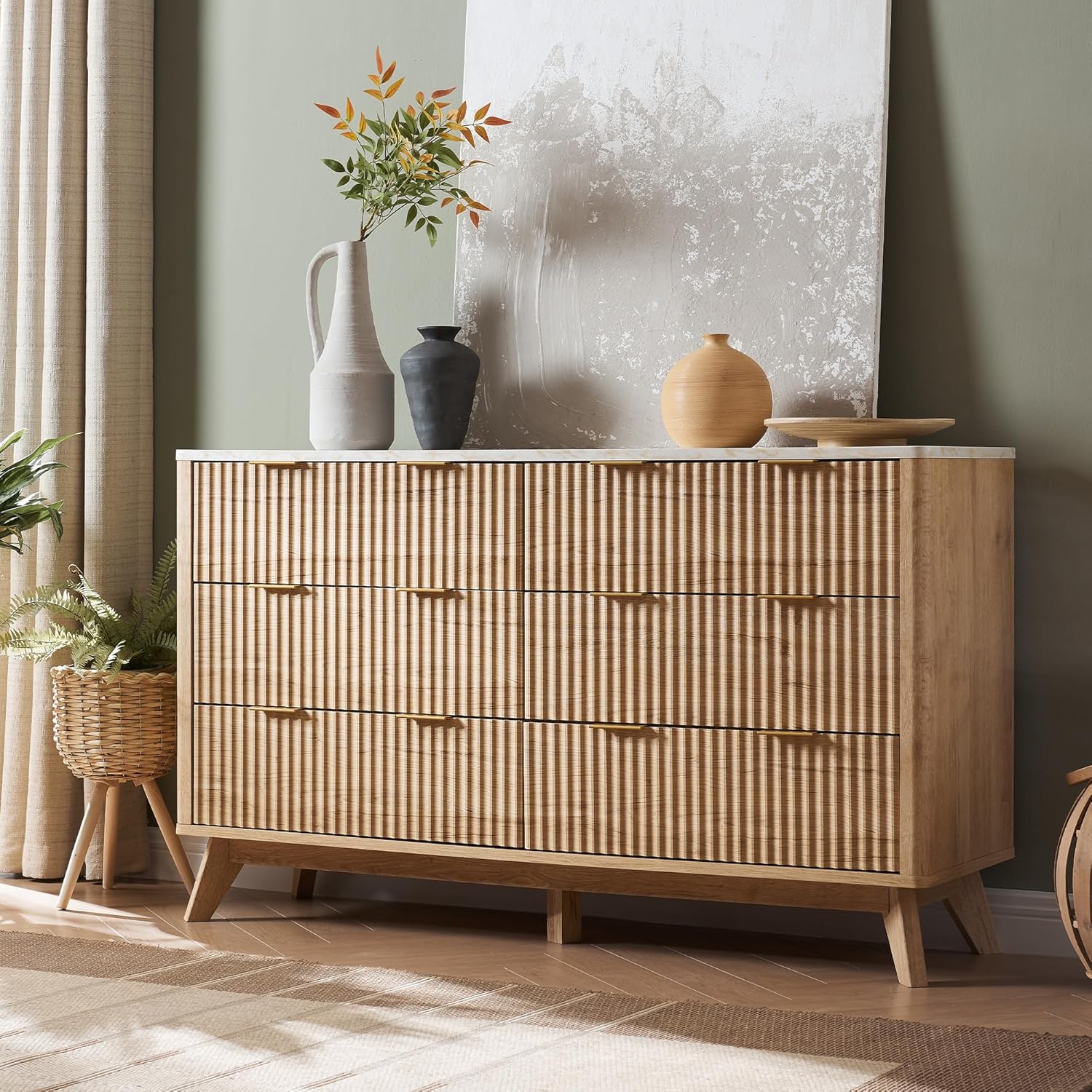 T4TREAM Fluted 6-Drawer Dresser, 54″ Modern Chest with Faux Marble Top, Curved Design, TV Stand & Wood Organizer for Bedroom, Natural Oak