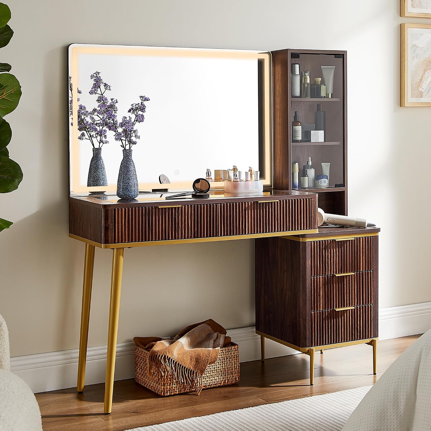 T4TREAM Fluted Vanity Desk with 36” Lighted Mirror – 48” Modern Makeup Table with Glass Top, 5 Drawers & Shelves for Bedroom – Dark Walnut