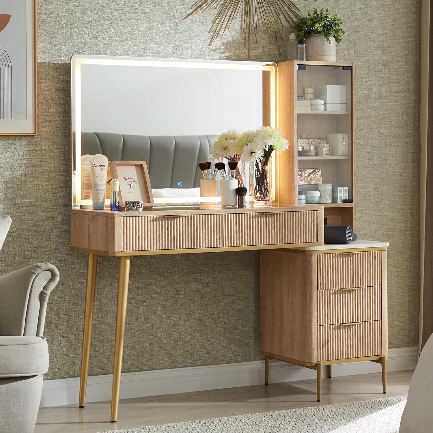 T4TREAM Fluted Vanity Desk with 36” Lighted Mirror – 48” Modern Makeup Table with Glass Top, 5 Drawers & Shelves for Bedroom – Natural Oak