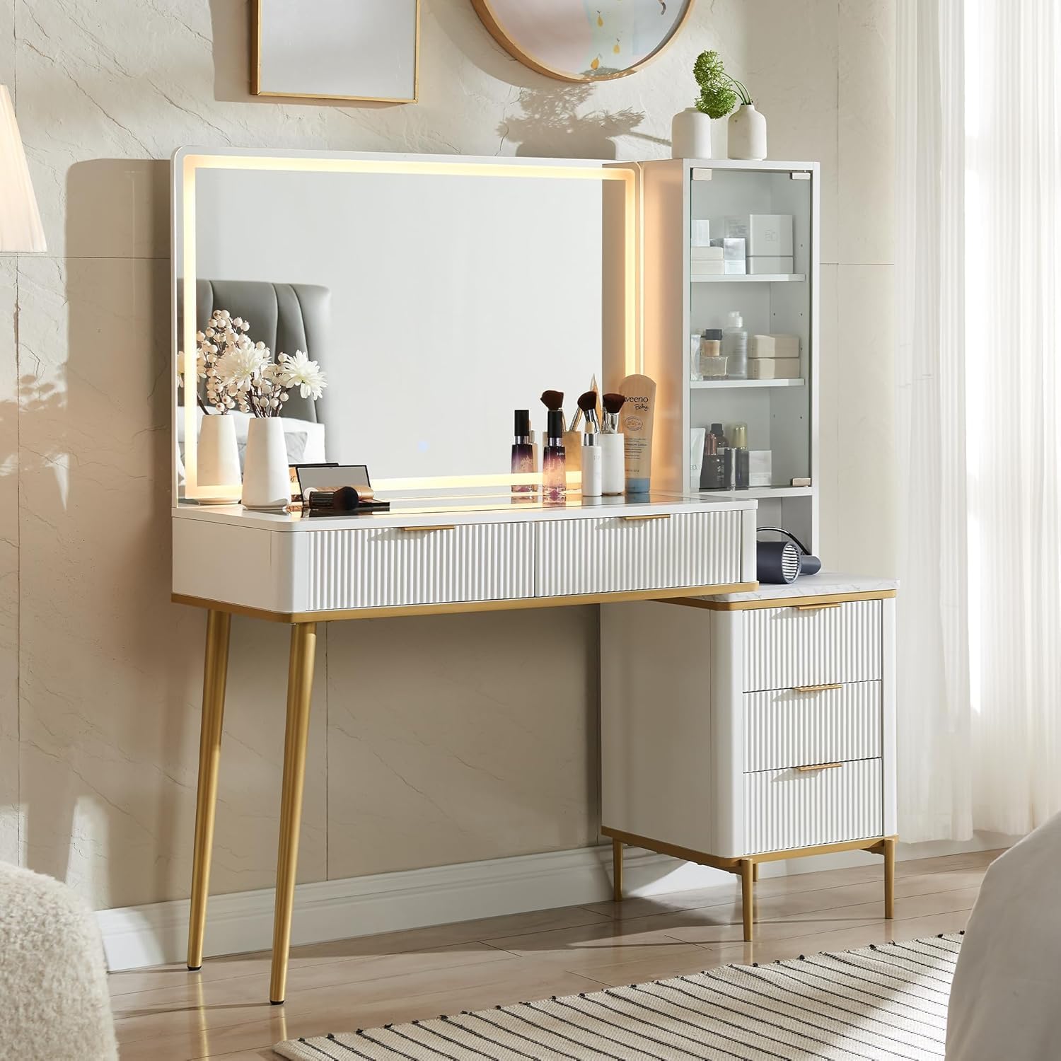 T4TREAM Fluted Vanity Desk with 36” Lighted Mirror – 48” Modern Makeup Table with Glass Top, 5 Drawers & Shelves for Bedroom – Off White