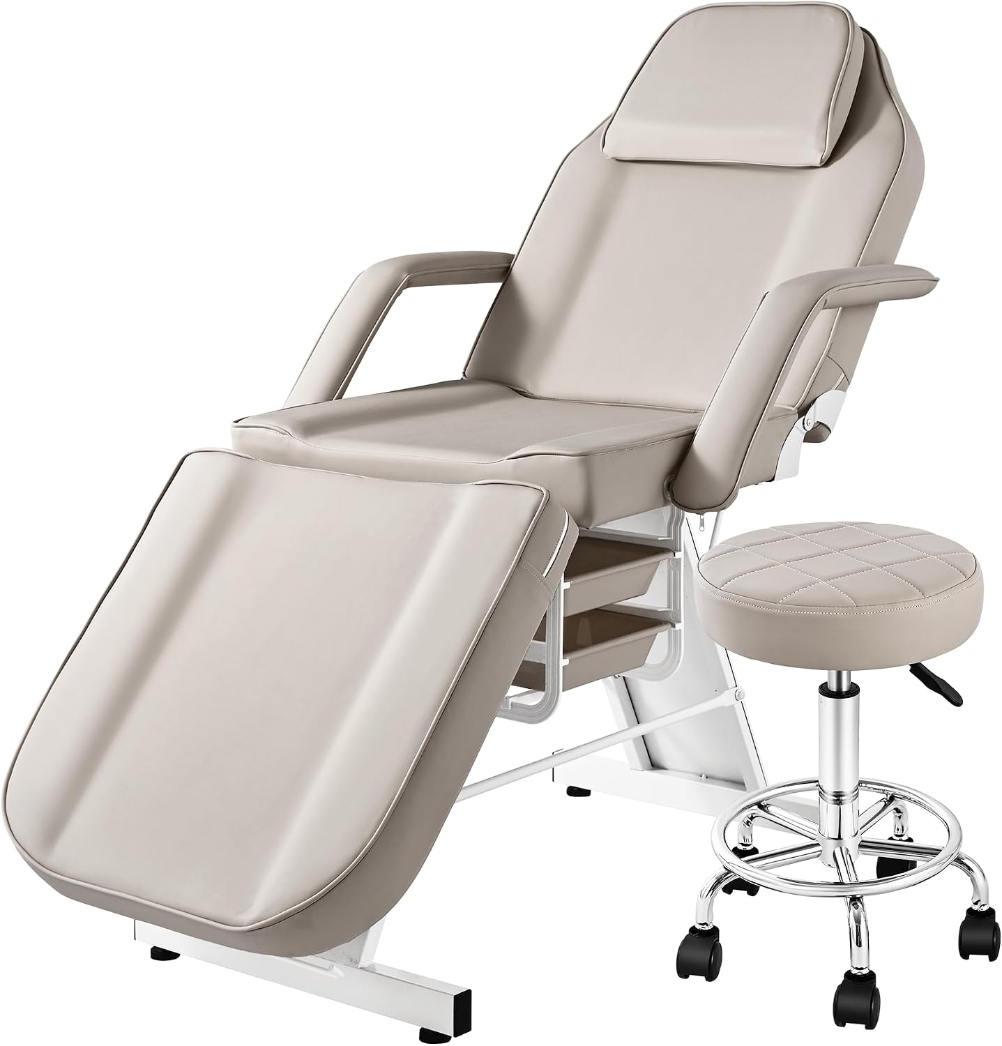 Tattoo & Facial Bed Chair – Adjustable Grey Esthetician Table w/ Swivel Stool, 2 Trays, Removable Armrests & Headrest