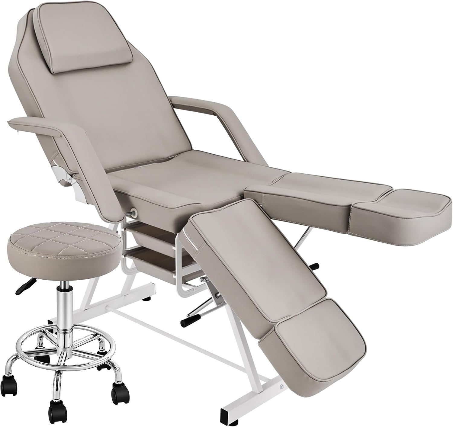 Tattoo & Facial Chair w/ Split Legs – Adjustable Lash Bed w/ Breathing Hole & Hydraulic Stool – Grey Spa Salon Table