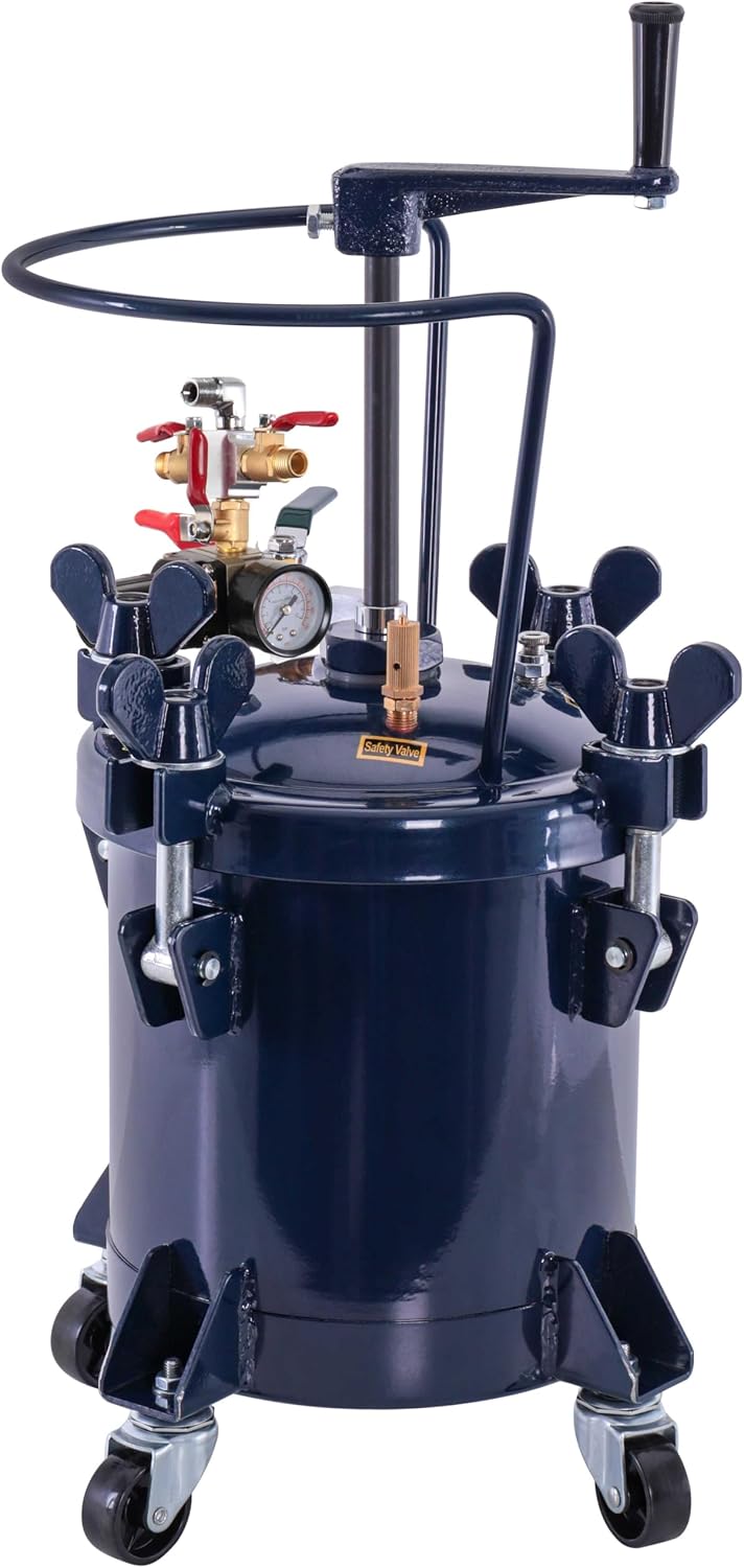 TCP Global 2-1/2 Gallon – 10 Liter Pressure Pot Paint Tank: Heavy Duty Solid Steel, Clamp on Lid with Manual Mixing Agitator, Regulator & Pressure Gauge – Ideal for Large Volume Painting & Autobody