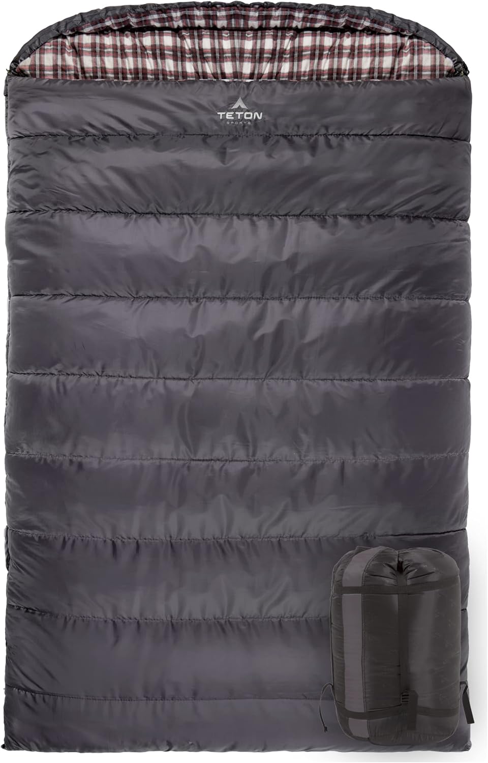 Teton Mammoth Queen Size Double Sleeping Bag- A Warm Bag The Whole Family can Enjoy, Compression Sack Included, Mammoth 0F – Grey