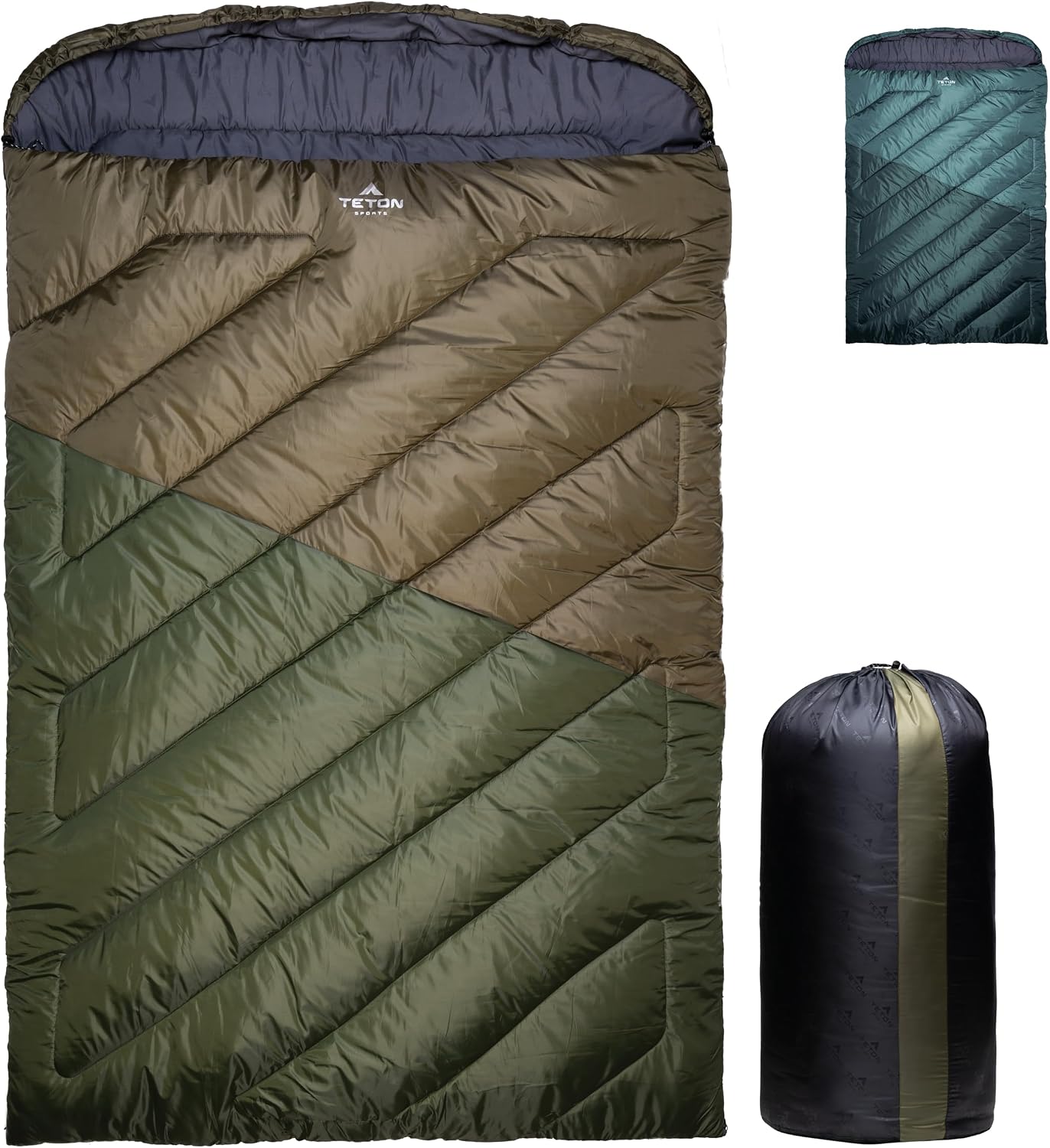 Teton Mammoth Queen Size Double Sleeping Bag- A Warm Bag The Whole Family can Enjoy, Compression Sack Included, Mammoth 20F – Ivy