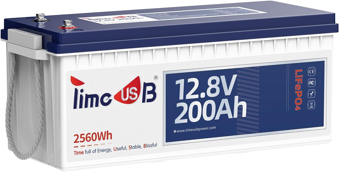 Timeusb 12V 200Ah LiFePO4 Battery, 2560Wh Energy, 100A BMS, Deep Cycle Lithium Battery for RV, Marine, Solar Panel, Off-Grid Power