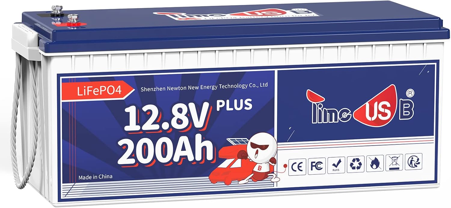 Timeusb 12V 200Ah Plus LiFePO4 Battery, 200A BMS, 2560W Power, Deep Cycle Lithium Battery for RV, Trailer, Solar, Off-Grid System