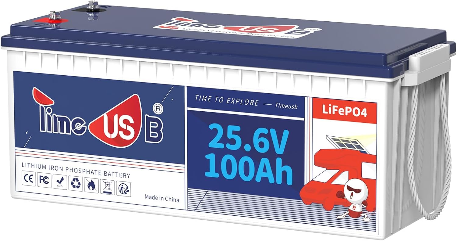 Timeusb 24V 100Ah LiFePO4 Battery, 2.56kWh Energy, 100A BMS, 10-Year Life, Deep Cycle Lithium Battery for RV, Camper, Solar, Off-Grid
