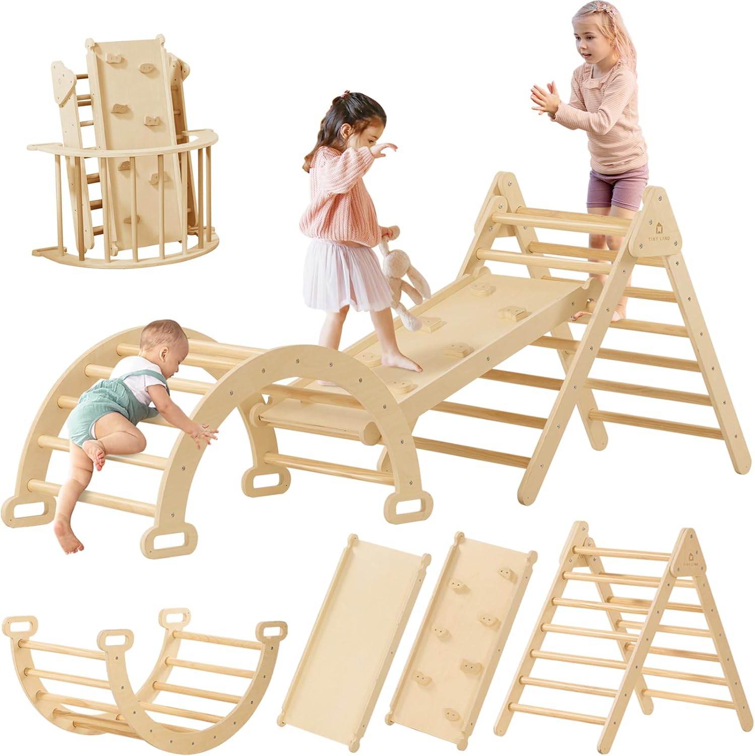 Tiny Land Pikler Triangle Set, 7-in-1 Foldable Pikler Triangle Climbing Toys Set (Natural)