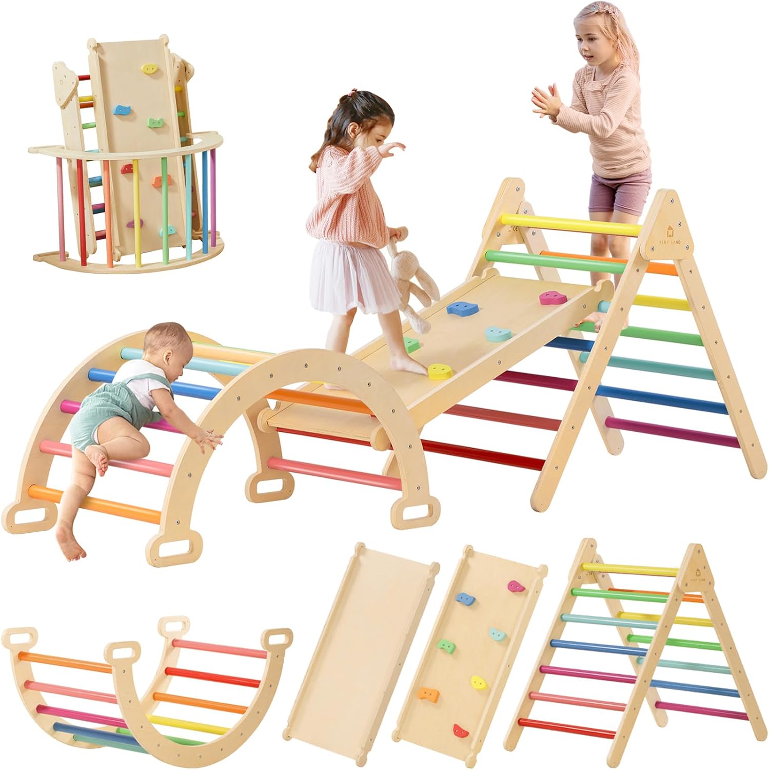Tiny Land Pikler Triangle Set, 7-in-1 Foldable Pikler Triangle Climbing Toys Set (Rainbow)