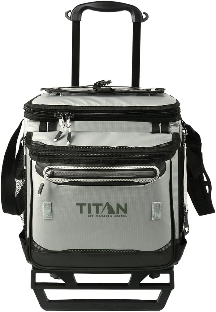 Titan Deep Freeze 60 (50+10) Can Wheeled Cooler – Collapsible Rolling Cooler with Wheels and All-Terrain Cart – Seagrass