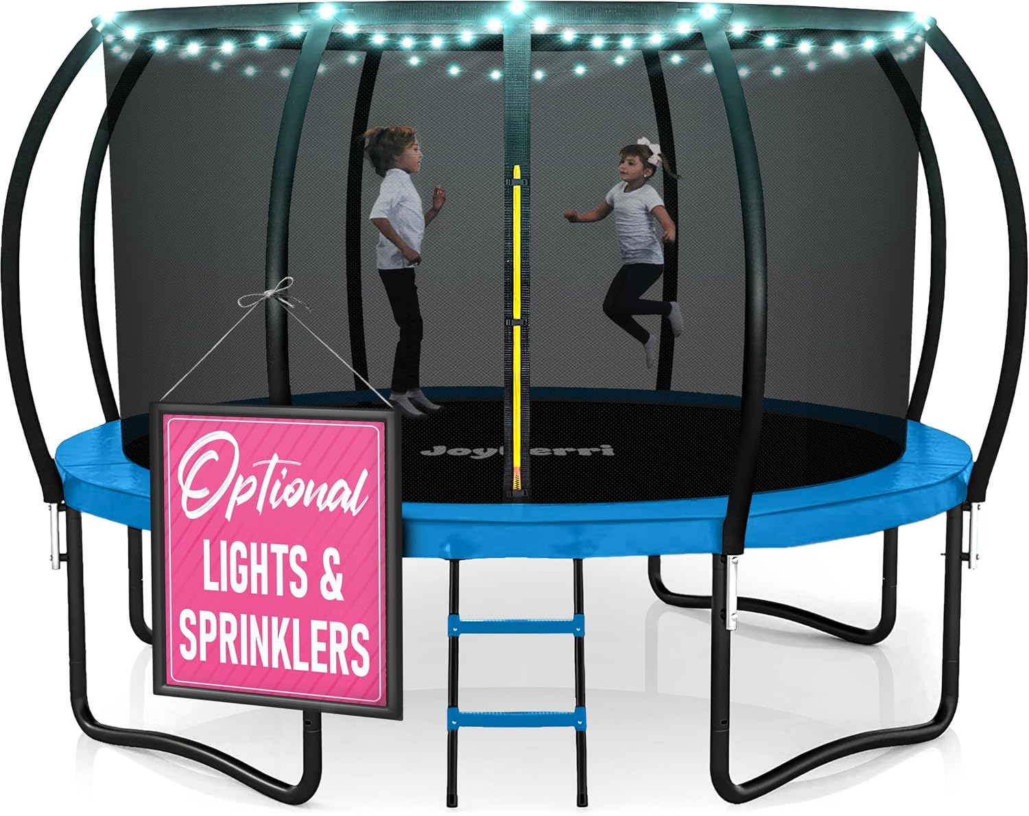 Trampoline Outdoor 14FT ASTM Certified Safe Recreational Trampoline for Kids & Adults with Enclosure Net, Ladder, Sprinkler & LED Lights – Blue
