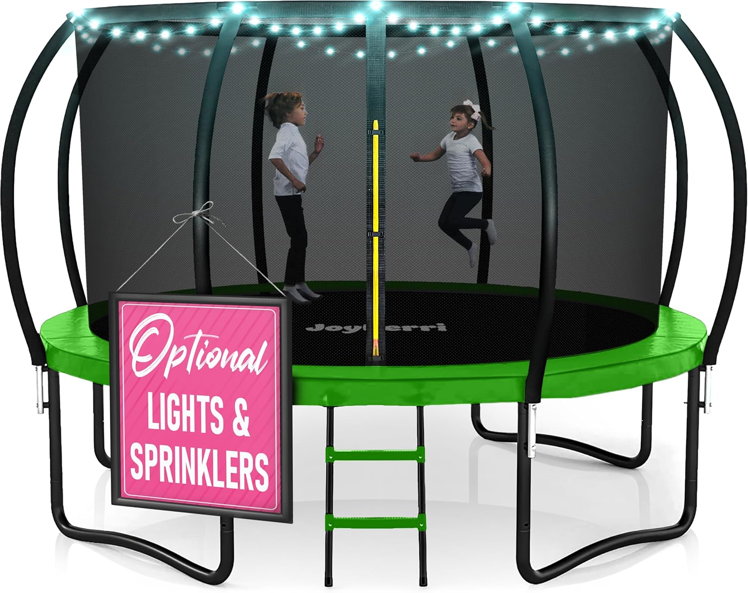 Trampoline Outdoor 14FT ASTM Certified Safe Recreational Trampoline for Kids & Adults with Enclosure Net, Ladder, Sprinkler & LED Lights – Green