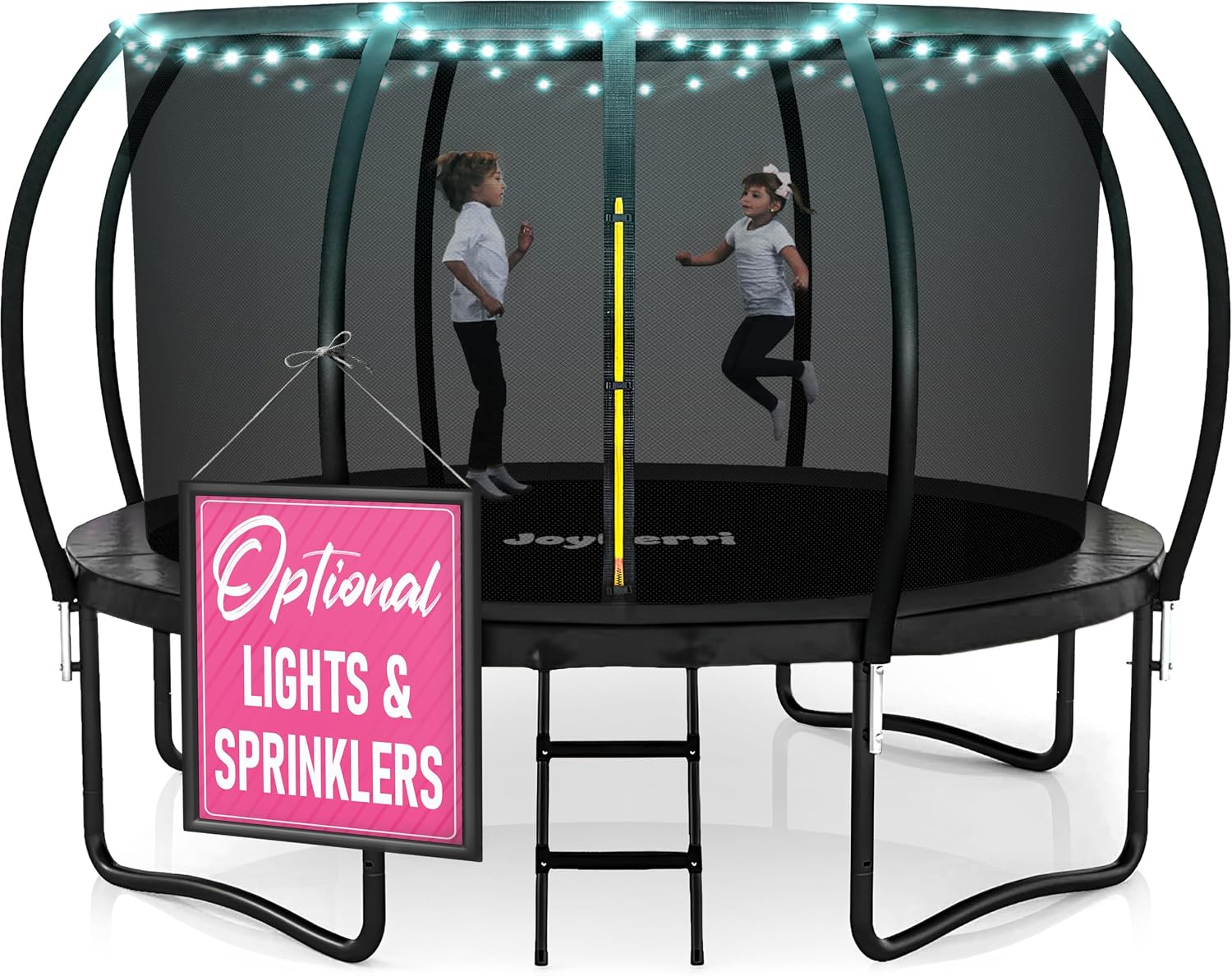 Trampoline Outdoor 8FT ASTM Certified Safe Recreational Trampoline for Kids & Adults with Enclosure Net, Ladder, Sprinkler & LED Lights – Black