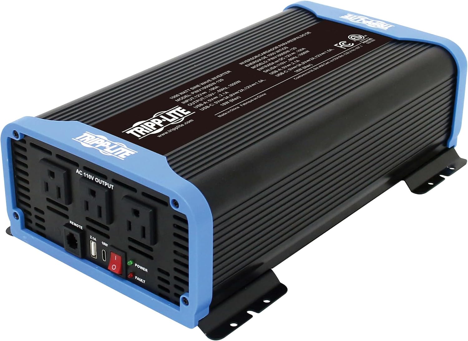 Tripp Lite 1500W Compact Pure Sine Wave Power Inverter, 3 Outlets, 1 USB + 1 USB-C Charging Ports, Remote Control via RJ12 Telephone Cable, Included Mounting Brackets, 2-Year Warranty (PINV1500SW-120)