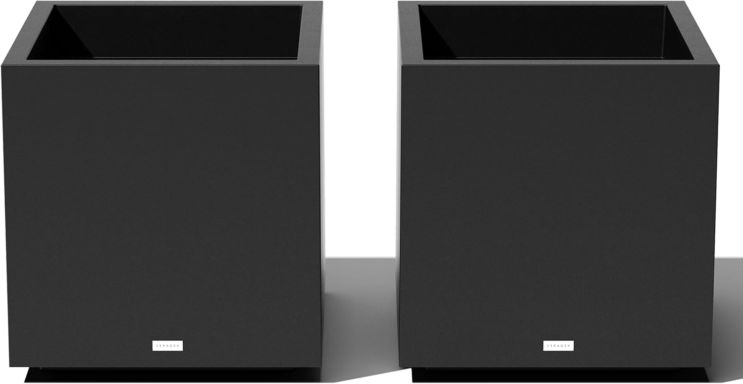 Veradek Block Series Cube Planters (2-Pack, Medium) – Modern All-Weather Square Pots with Drainage for Indoor/Outdoor Plants – Black