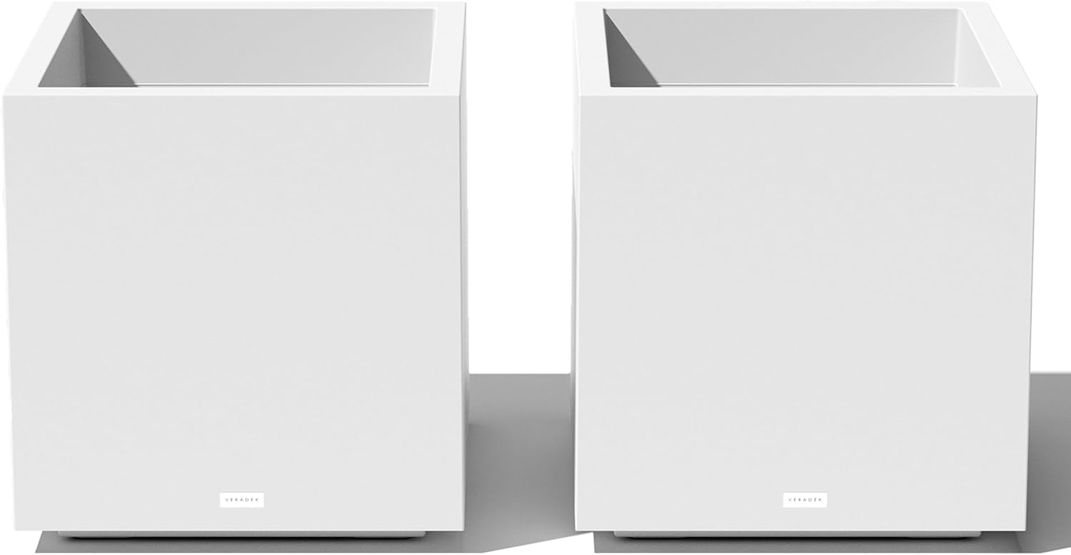 Veradek Block Series Cube Planters (2-Pack, Medium) – Modern All-Weather Square Pots with Drainage for Indoor/Outdoor Plants – White