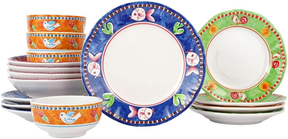 Vietri Melamine Campagna Assorted 16-Pc Unbreakable Dinnerware Set with Pasta Bowls & Dinner Plates