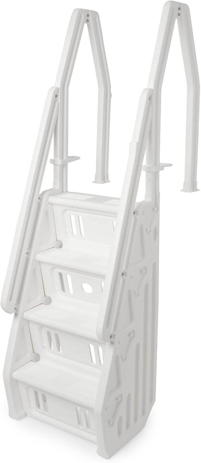 Vinyl Works 24 Inch in Pool Step Ladder, Adjustable Stair Entry System with Handrails and Non-Slip Surface for Above Ground Swimming Pools, White