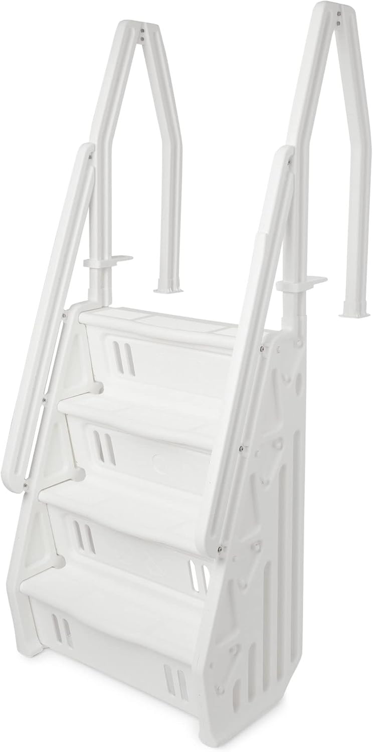 Vinyl Works Deluxe Versatile Adjustable 32 Inch in-Pool Step Ladder Entry System for Above Ground Swimming Pools, White
