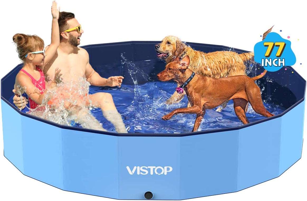 VISTOP Jumbo 77” x 15.7” Foldable Dog Pool – Hard Plastic, Collapsible Pet Bath & Kiddie Pool for Dogs, Cats & Kids (Blue)