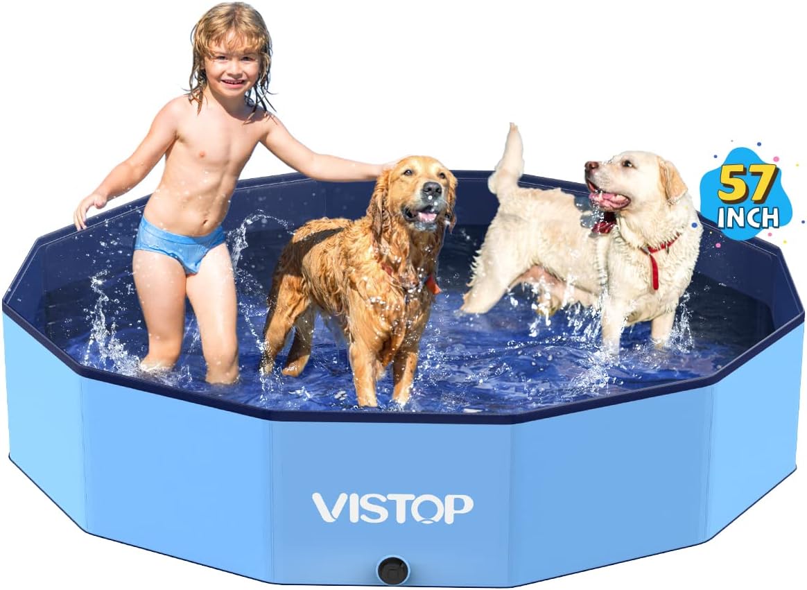 VISTOP Large 57” x 11.8” Foldable Dog Pool – Durable Plastic, Portable Pet Bath & Kiddie Pool for Dogs, Cats & Kids (Blue)