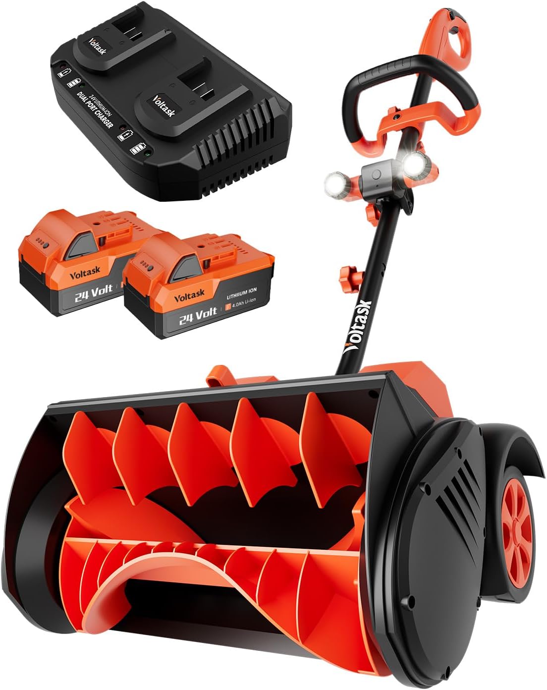 VOLTASK Cordless Snow Shovel with Wheels, 48V | 16-Inch | 4-Ah Brushless Cordless Snow Blower (2 * 24V Battery & Dual Quick Charger Included)