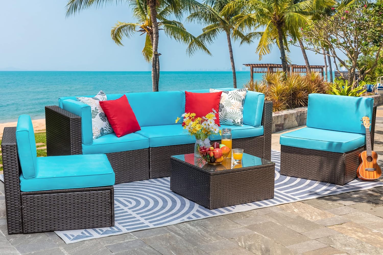 Vongrasig 6-Piece Small Patio Furniture Set – PE Wicker Outdoor Sectional Sofa with Glass Table, Blue Cushions & Red Pillows (Blue)