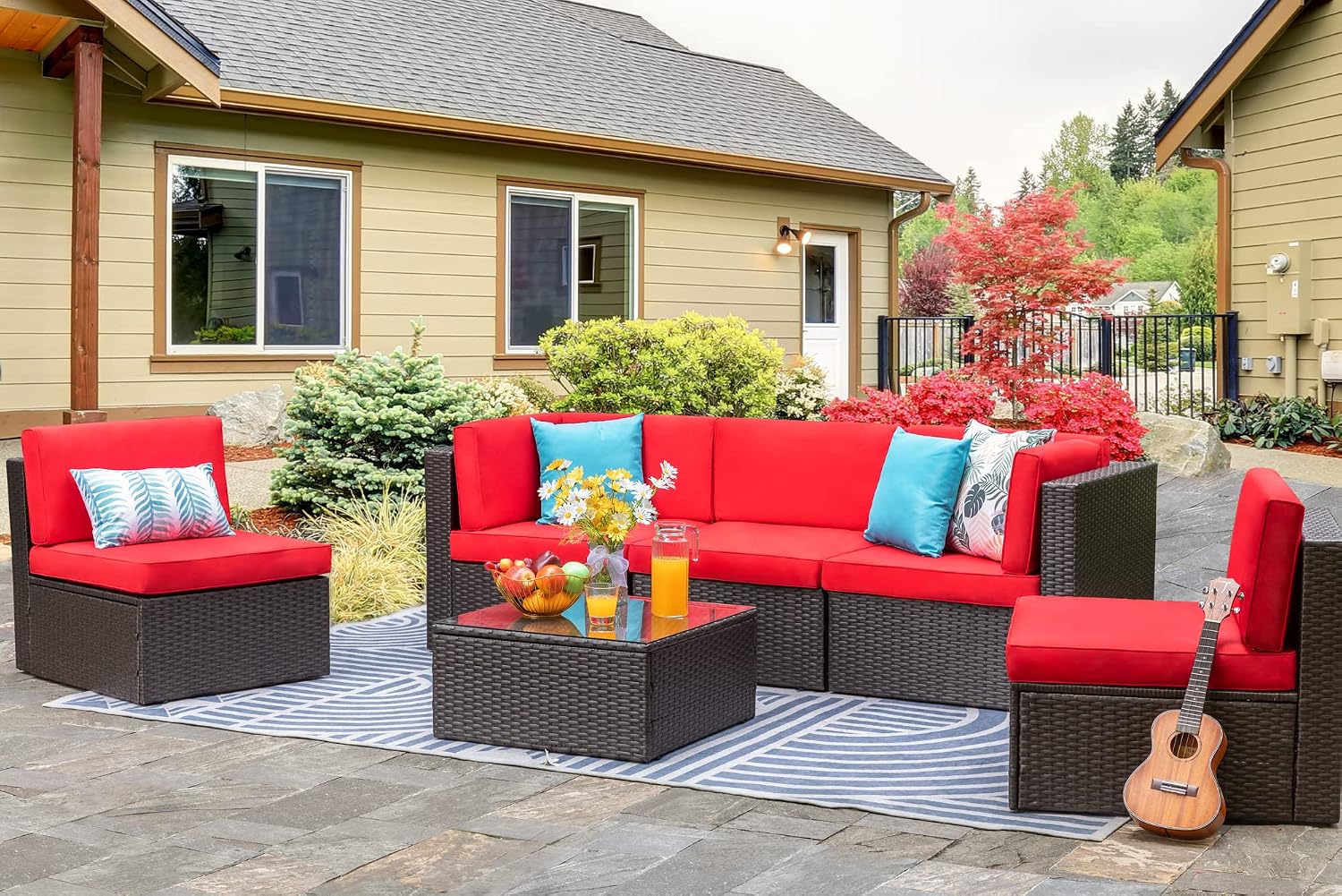 Vongrasig 6-Piece Small Patio Furniture Set – PE Wicker Sectional Sofa w/ Glass Table, Red Cushions & Blue Pillows (Red)