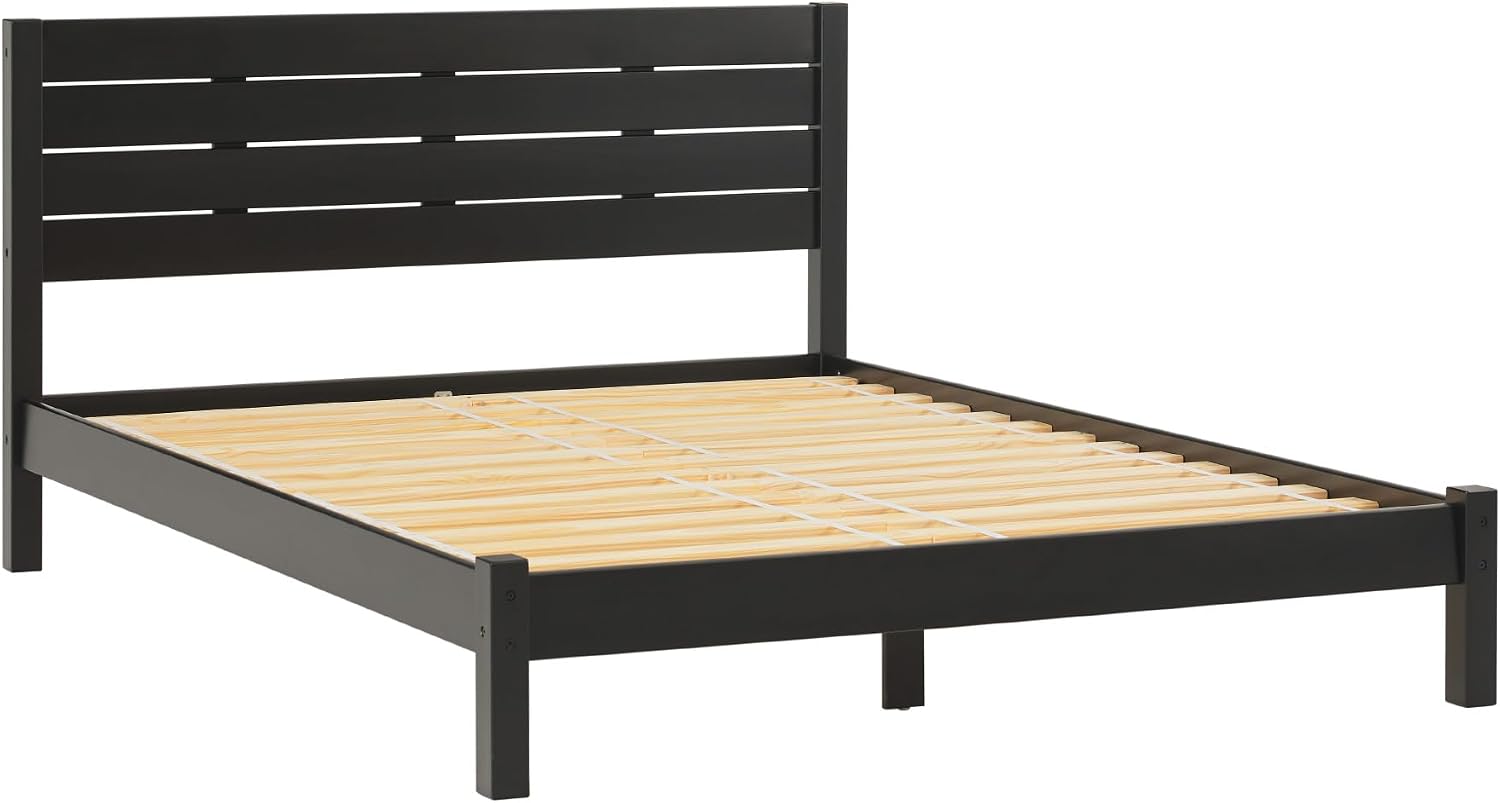 Walker Edison Ayla Boho Slatted Headboard Queen Bedframe, Queen Size, Black